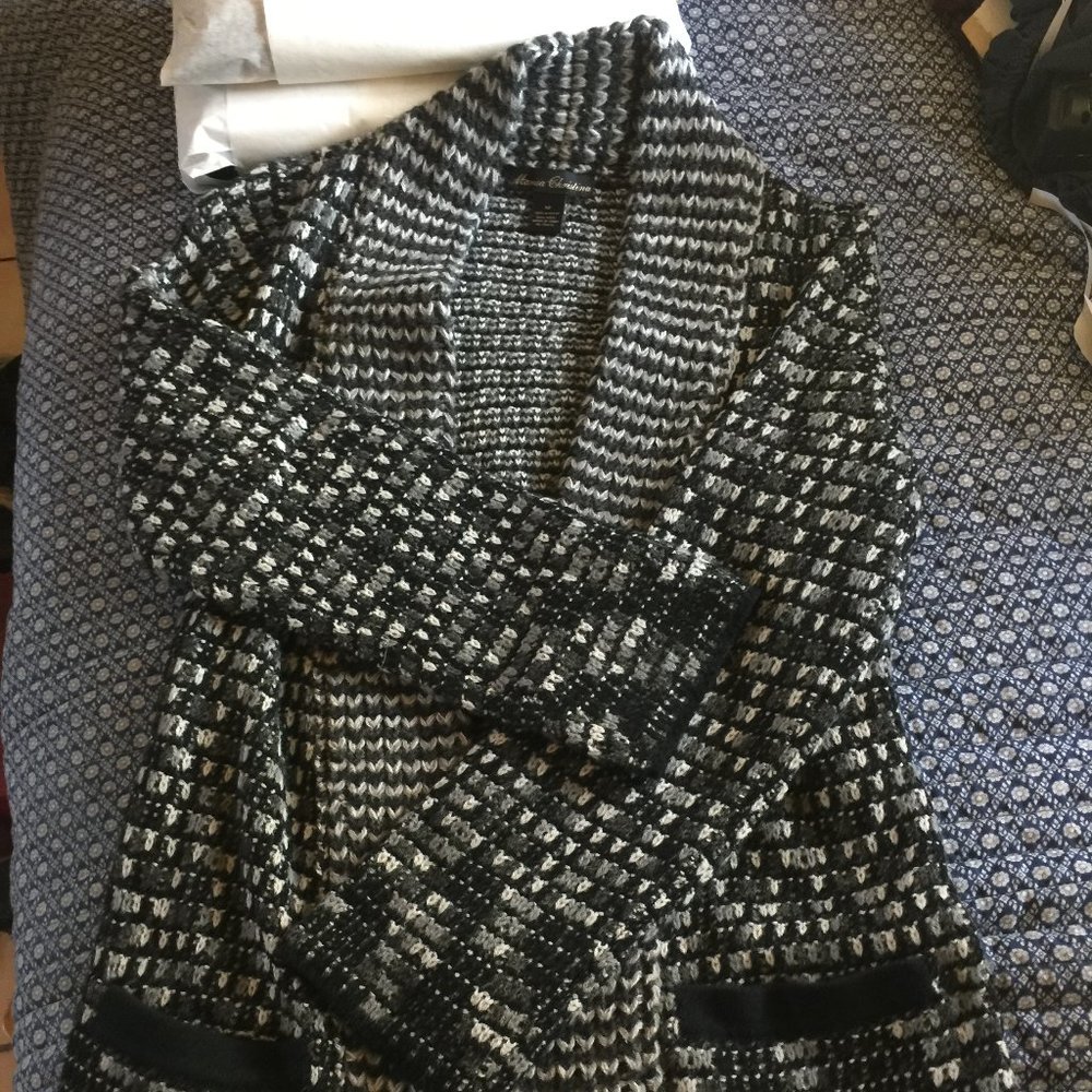 Marisa Christina Cardigan Sweater Black & White Soft Wool Blend Front Pockets